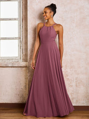 Robe Demoiselle d'Honneur Mousseline à Col Licou Longueur au Sol Mûre