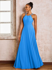 Robe Demoiselle d'Honneur Mousseline à Col Licou Longueur au Sol Bleu Océan