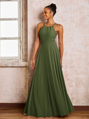 Robe Demoiselle d'Honneur Mousseline à Col Licou Longueur au Sol Olive Verte