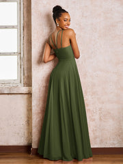 Robe Demoiselle d'Honneur Mousseline à Col Licou Longueur au Sol Olive Verte