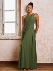 Robe Demoiselle d'Honneur Mousseline à Col Licou Longueur au Sol Olive Verte
