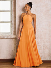 Robe Demoiselle d'Honneur Mousseline à Col Licou Longueur au Sol Orange