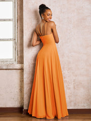 Robe Demoiselle d'Honneur Mousseline à Col Licou Longueur au Sol Orange