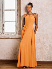 Robe Demoiselle d'Honneur Mousseline à Col Licou Longueur au Sol Orange