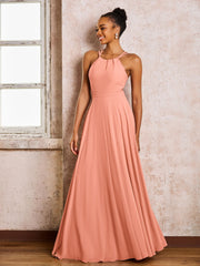 Robe Demoiselle d'Honneur Mousseline à Col Licou Longueur au Sol Papaye