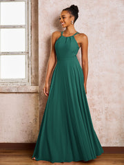 Robe Demoiselle d'Honneur Mousseline à Col Licou Longueur au Sol Paon