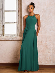 Robe Demoiselle d'Honneur Mousseline à Col Licou Longueur au Sol Paon