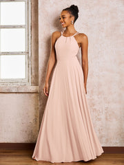 Robe Demoiselle d'Honneur Mousseline à Col Licou Longueur au Sol Rose Perle