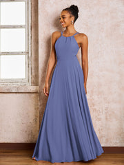 Robe Demoiselle d'Honneur Mousseline à Col Licou Longueur au Sol Pervenche