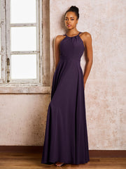 Robe Demoiselle d'Honneur Mousseline à Col Licou Longueur au Sol Plum