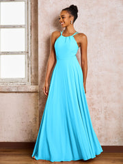 Robe Demoiselle d'Honneur Mousseline à Col Licou Longueur au Sol Piscine