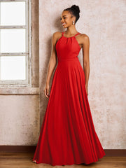Robe Demoiselle d'Honneur Mousseline à Col Licou Longueur au Sol Rouge