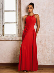 Robe Demoiselle d'Honneur Mousseline à Col Licou Longueur au Sol Rouge
