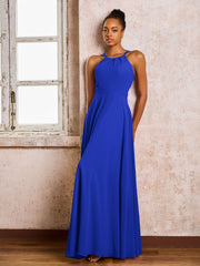 Robe Demoiselle d'Honneur Mousseline à Col Licou Longueur au Sol Bleu Royale