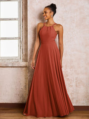 Robe Demoiselle d'Honneur Mousseline à Col Licou Longueur au Sol Rouille