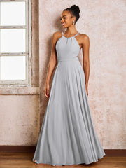 Robe Demoiselle d'Honneur Mousseline à Col Licou Longueur au Sol Argent