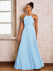 Robe Demoiselle d'Honneur Mousseline à Col Licou Longueur au Sol Bleu Ciel