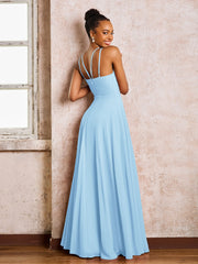 Robe Demoiselle d'Honneur Mousseline à Col Licou Longueur au Sol Bleu Ciel