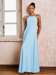 Robe Demoiselle d'Honneur Mousseline à Col Licou Longueur au Sol Bleu Ciel