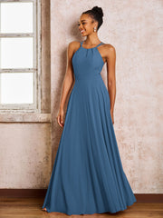 Robe Demoiselle d'Honneur Mousseline à Col Licou Longueur au Sol Bleu de Schiste