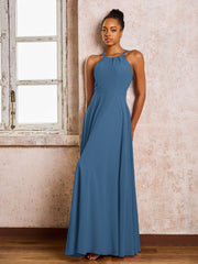 Robe Demoiselle d'Honneur Mousseline à Col Licou Longueur au Sol Bleu de Schiste