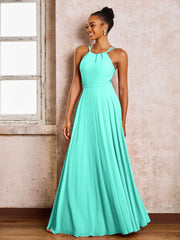 Robe Demoiselle d'Honneur Mousseline à Col Licou Longueur au Sol Spa