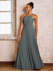 Robe Demoiselle d'Honneur Mousseline à Col Licou Longueur au Sol Gris Acier