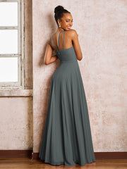 Robe Demoiselle d'Honneur Mousseline à Col Licou Longueur au Sol Gris Acier