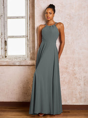 Robe Demoiselle d'Honneur Mousseline à Col Licou Longueur au Sol Gris Acier