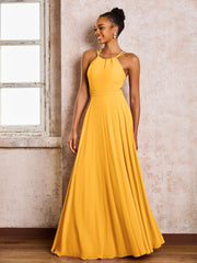 Robe Demoiselle d'Honneur Mousseline à Col Licou Longueur au Sol Mandarine
