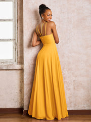 Robe Demoiselle d'Honneur Mousseline à Col Licou Longueur au Sol Mandarine