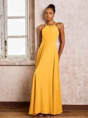 Robe Demoiselle d'Honneur Mousseline à Col Licou Longueur au Sol Mandarine