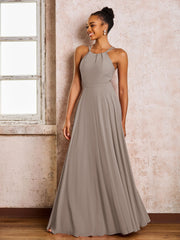 Robe Demoiselle d'Honneur Mousseline à Col Licou Longueur au Sol Taupe