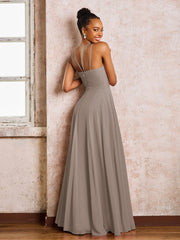 Robe Demoiselle d'Honneur Mousseline à Col Licou Longueur au Sol Taupe