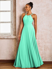 Robe Demoiselle d'Honneur Mousseline à Col Licou Longueur au Sol Turquoise