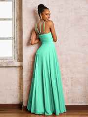 Robe Demoiselle d'Honneur Mousseline à Col Licou Longueur au Sol Turquoise