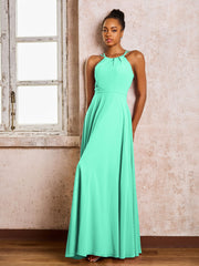 Robe Demoiselle d'Honneur Mousseline à Col Licou Longueur au Sol Turquoise