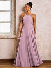 Robe Demoiselle d'Honneur Mousseline à Col Licou Longueur au Sol Vintage Mauve