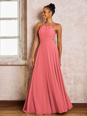 Robe Demoiselle d'Honneur Mousseline à Col Licou Longueur au Sol Pastèque