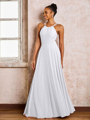 Robe Demoiselle d'Honneur Mousseline à Col Licou Longueur au Sol Blanc