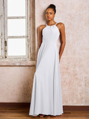 Robe Demoiselle d'Honneur Mousseline à Col Licou Longueur au Sol Blanc