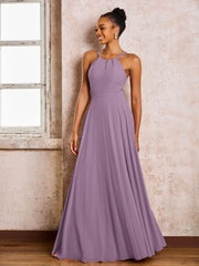 Robe Demoiselle d'Honneur Mousseline à Col Licou Longueur au Sol Glycine