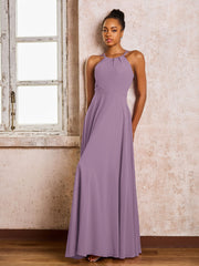 Robe Demoiselle d'Honneur Mousseline à Col Licou Longueur au Sol Glycine