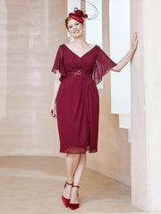 Robe en Mousseline à Col en V Orné de Strass Bordeaux