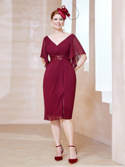 Robe en Mousseline à Col en V Orné de Strass Bordeaux