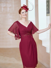 Robe en Mousseline à Col en V Orné de Strass Bordeaux