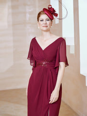 Robe en Mousseline à Col en V Orné de Strass Bordeaux