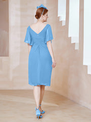 Robe en Mousseline à Col en V Orné de Strass Bleu