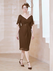 Robe en Mousseline à Col en V Orné de Strass Brun
