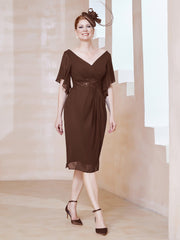Robe en Mousseline à Col en V Orné de Strass Chocolat